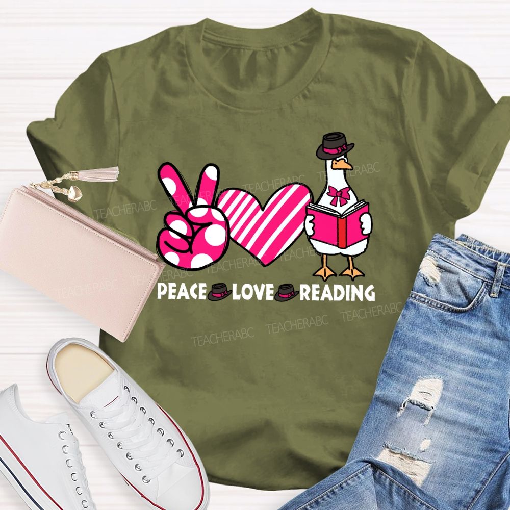 Peace Love Reading Pink Heart Teacher T-shirt