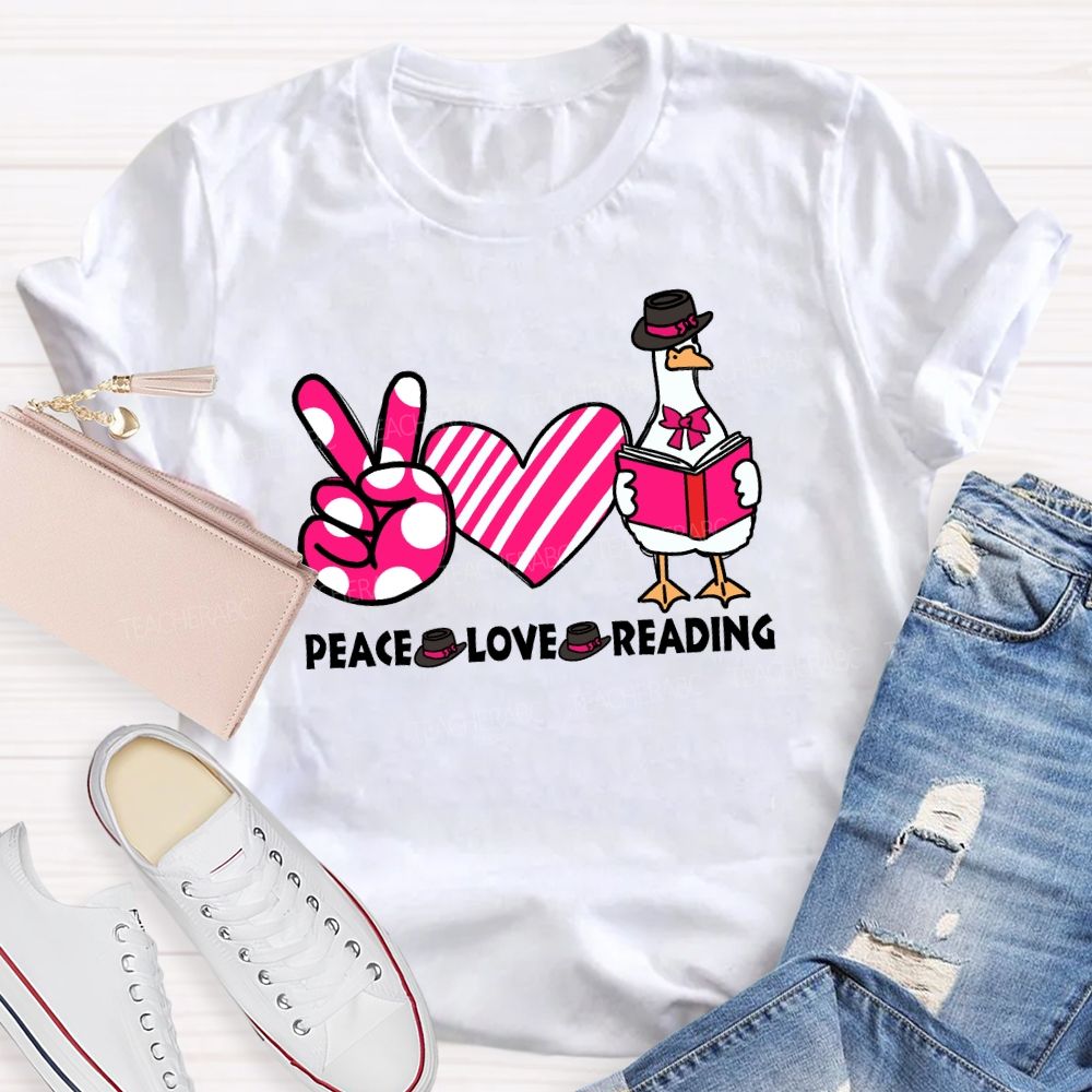 Peace Love Reading Pink Heart Teacher T-shirt