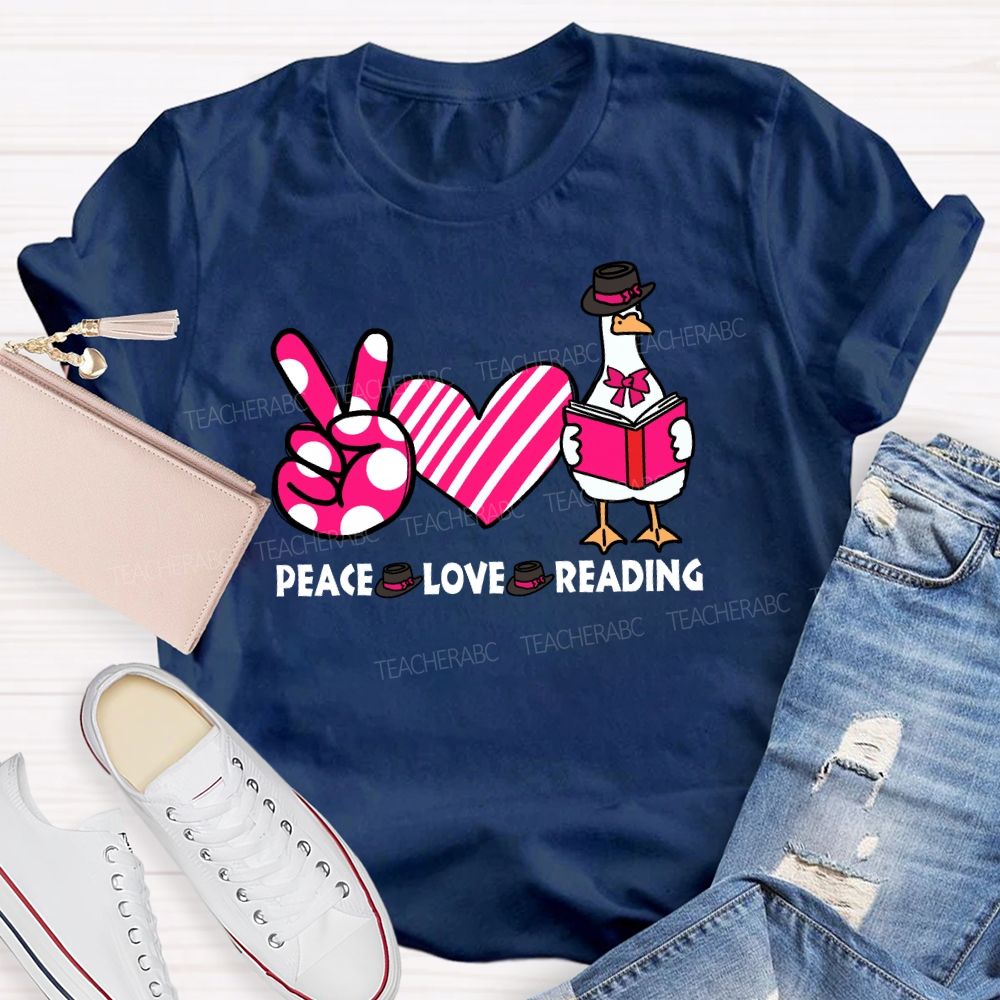Peace Love Reading Pink Heart Teacher T-shirt