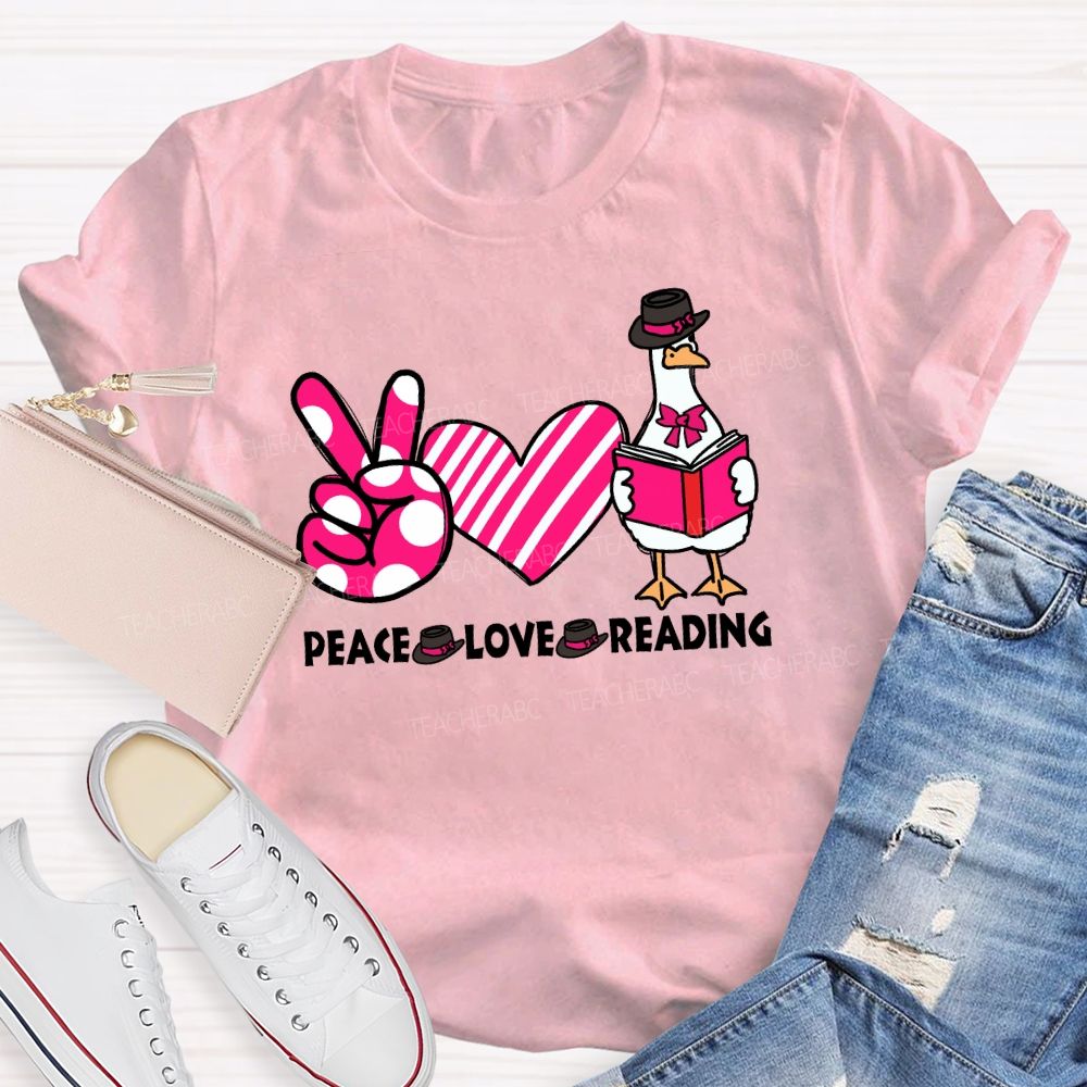 Peace Love Reading Pink Heart Teacher T-shirt