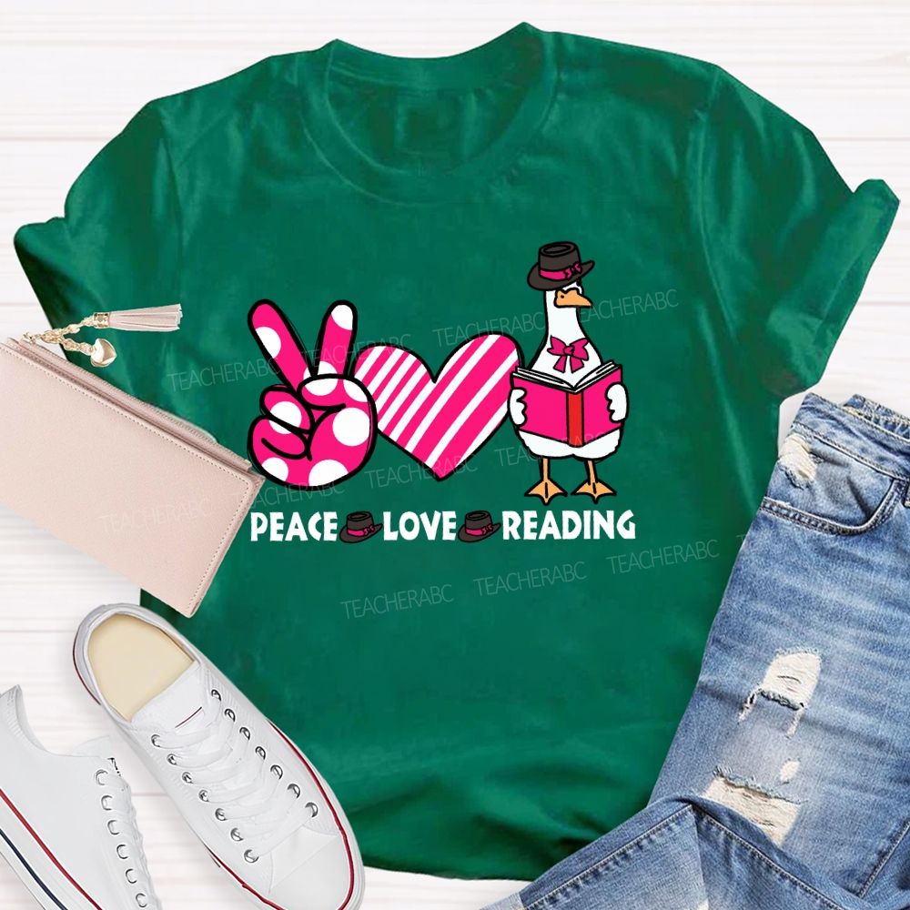 Peace Love Reading Pink Heart Teacher T-shirt