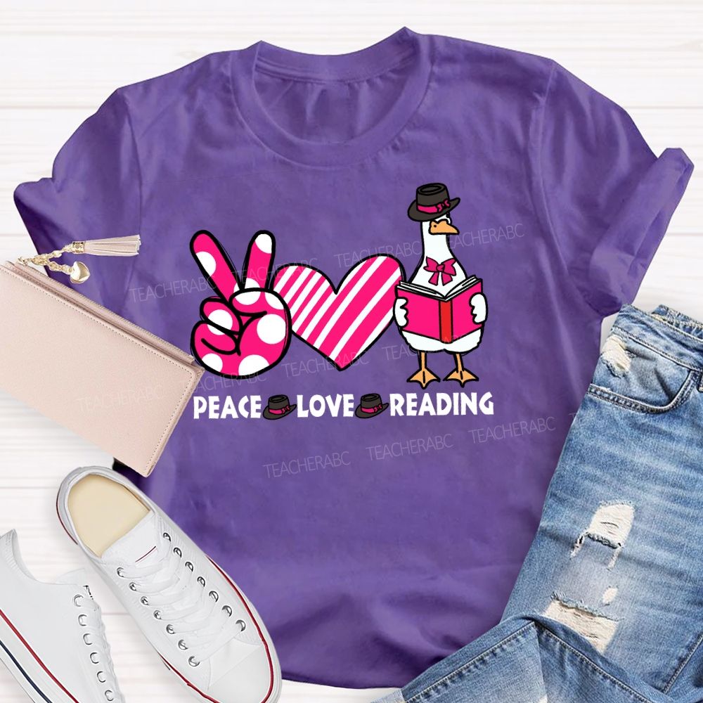 Peace Love Reading Pink Heart Teacher T-shirt