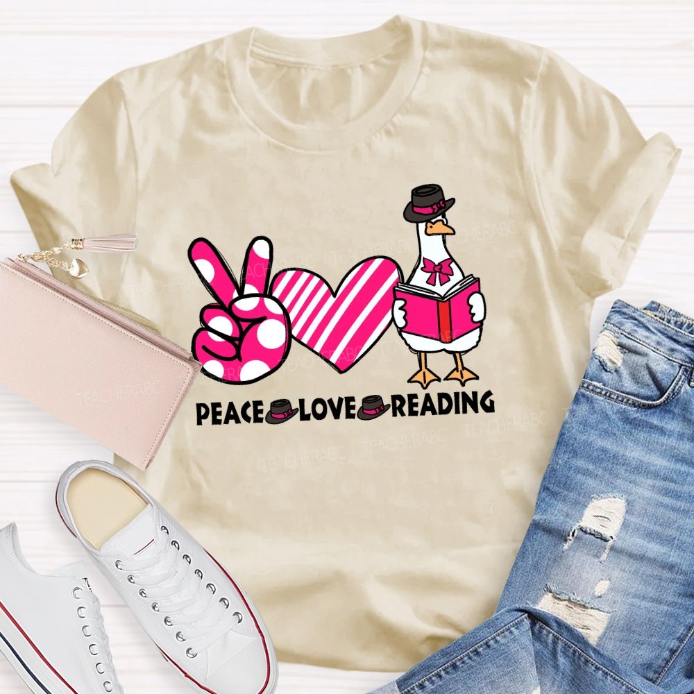 Peace Love Reading Pink Heart Teacher T-shirt