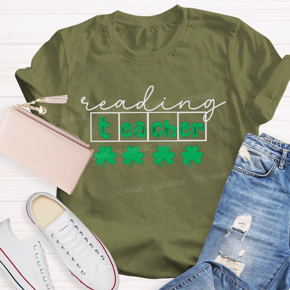 Reading Teacher With Lucky Clover Teacher T-shirt