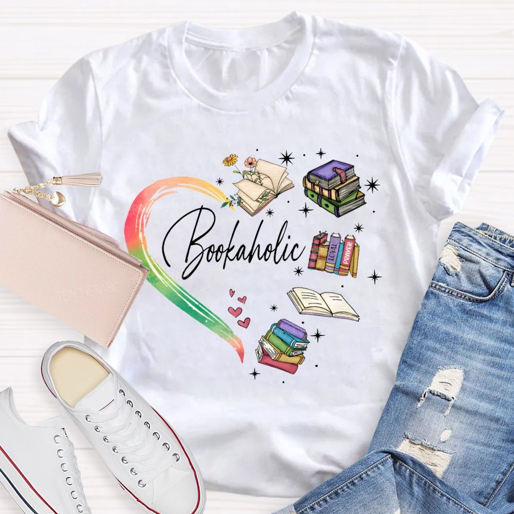 Bookaholic Heart-Shaped Book Print Teacher T-shirt