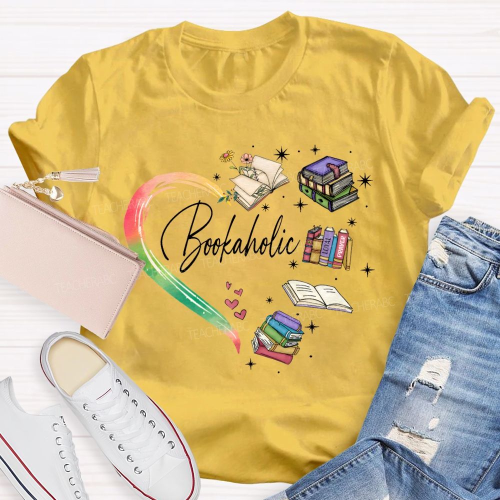 Bookaholic Heart-Shaped Book Print Teacher T-shirt