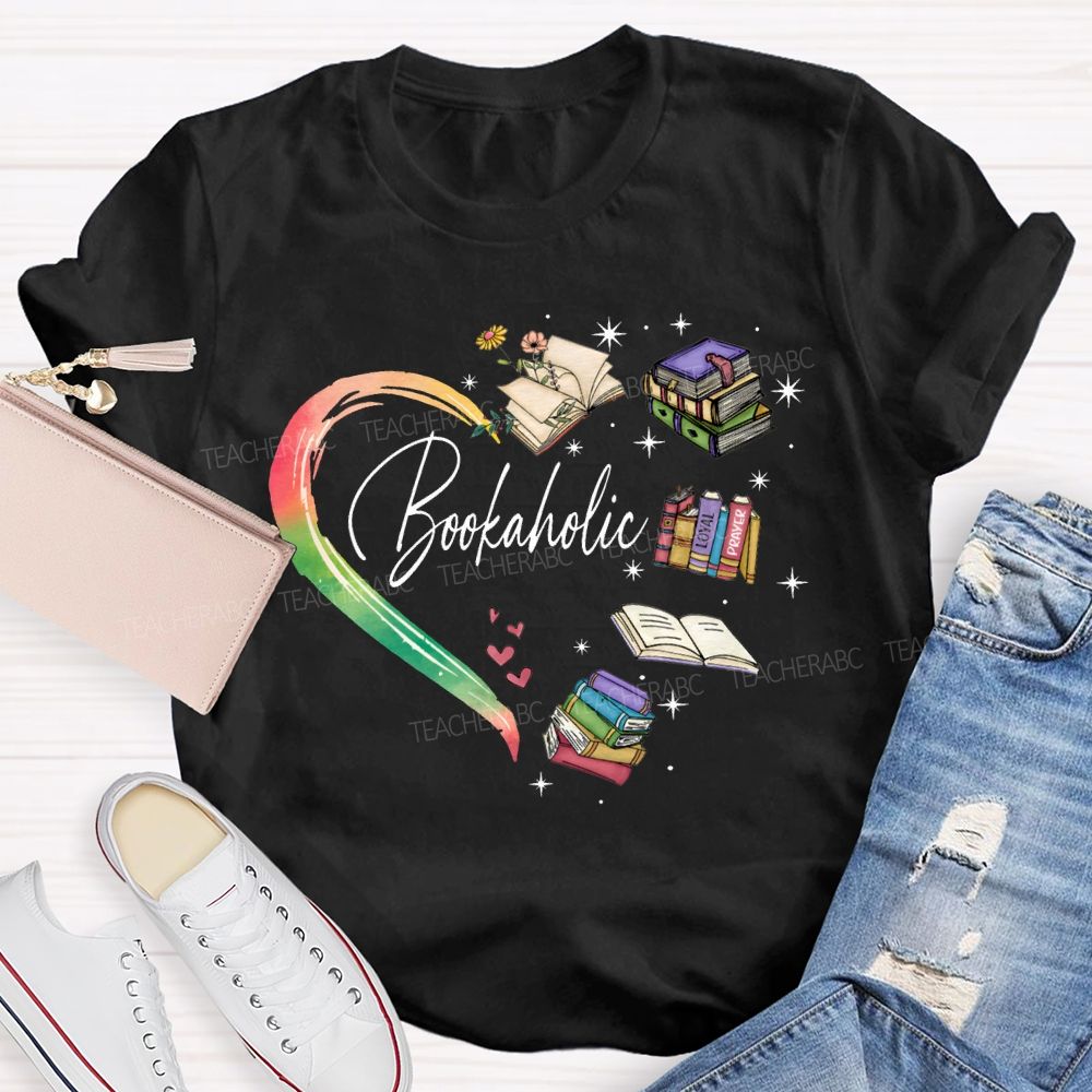 Bookaholic Heart-Shaped Book Print Teacher T-shirt