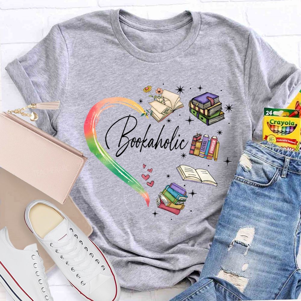 Bookaholic Heart-Shaped Book Print Teacher T-shirt