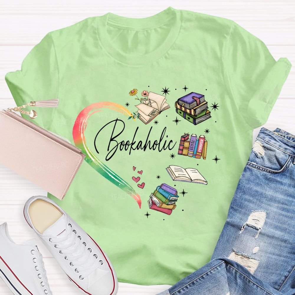 Bookaholic Heart-Shaped Book Print Teacher T-shirt