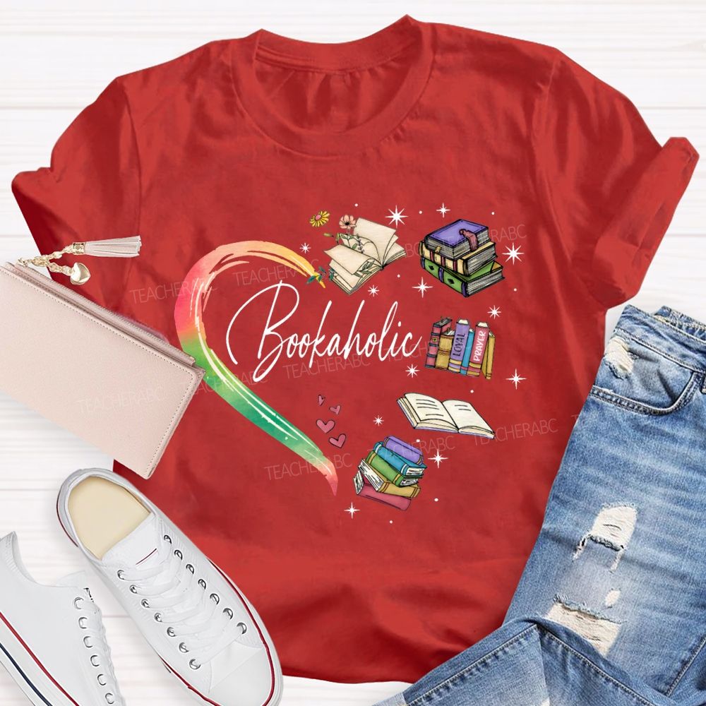 Bookaholic Heart-Shaped Book Print Teacher T-shirt