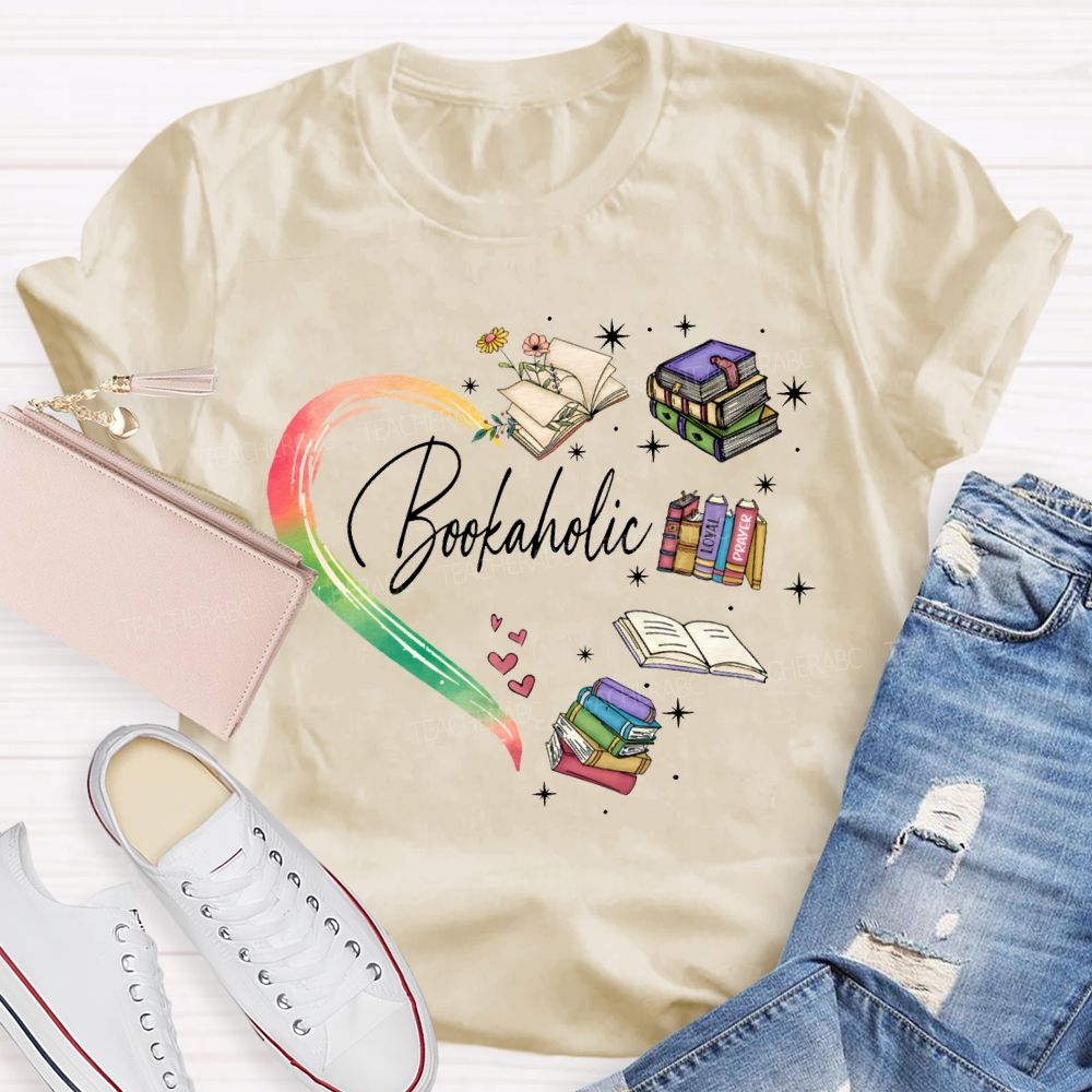 Bookaholic Heart-Shaped Book Print Teacher T-shirt