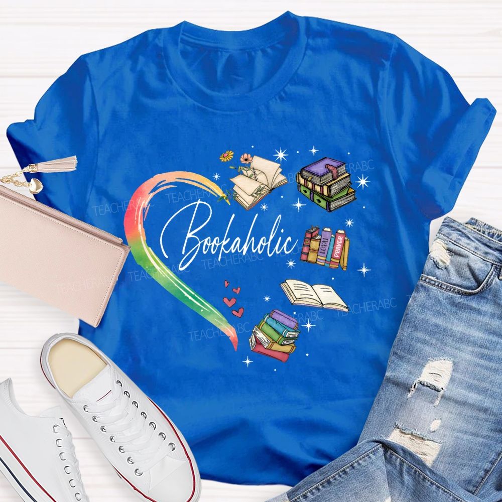Bookaholic Heart-Shaped Book Print Teacher T-shirt