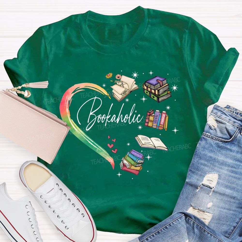 Bookaholic Heart-Shaped Book Print Teacher T-shirt