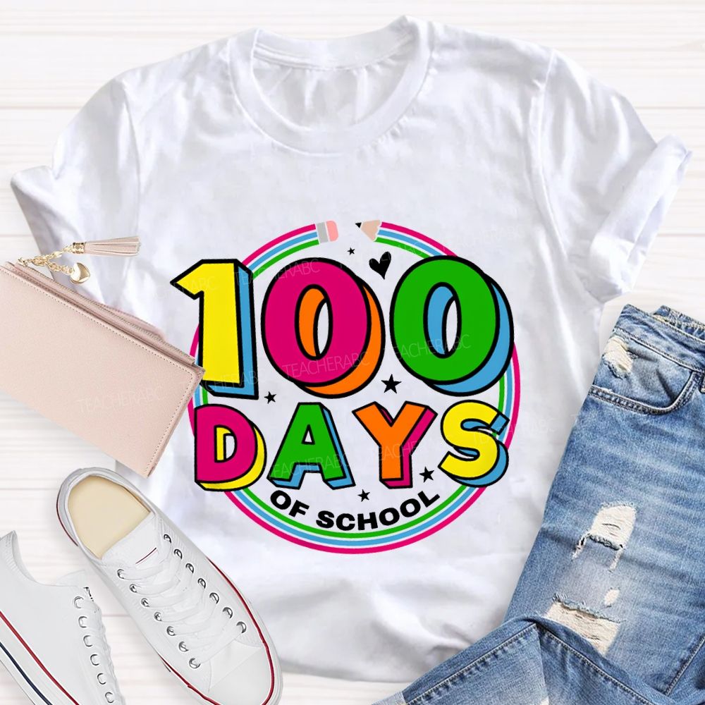 100 Days Of School Colorful Letter Pencil Teacher T-shirt
