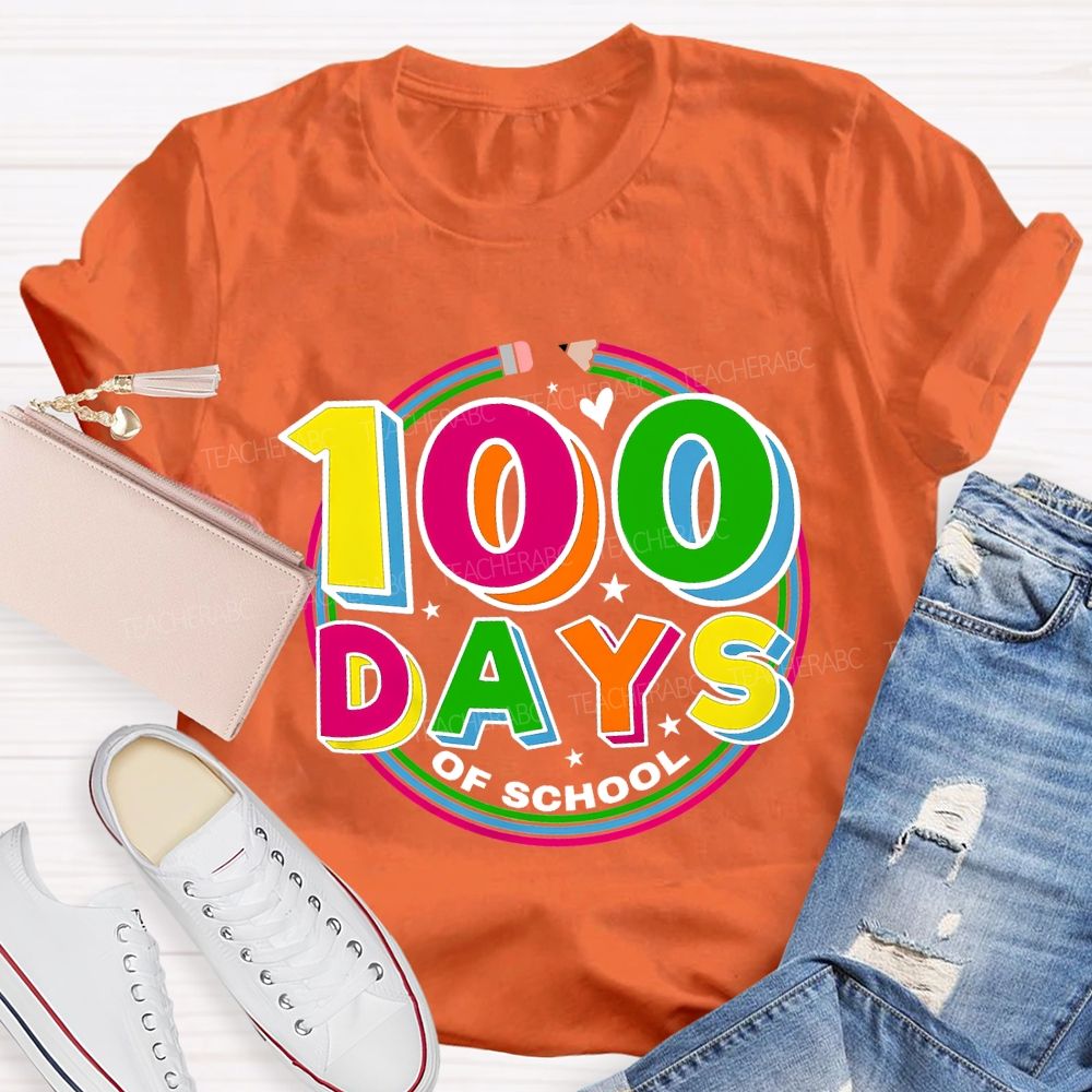 100 Days Of School Colorful Letter Pencil Teacher T-shirt