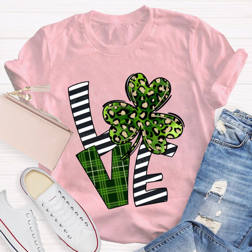 Love Leopard Clover And Striped Fonts Teacher T-shirt