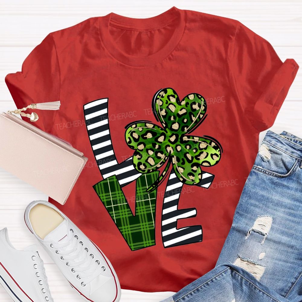 Love Leopard Clover And Striped Fonts Teacher T-shirt