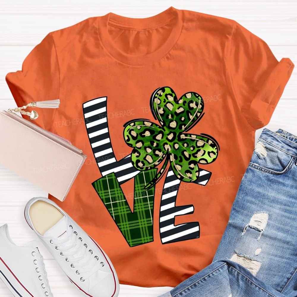 Love Leopard Clover And Striped Fonts Teacher T-shirt