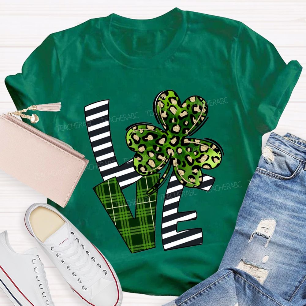 Love Leopard Clover And Striped Fonts Teacher T-shirt