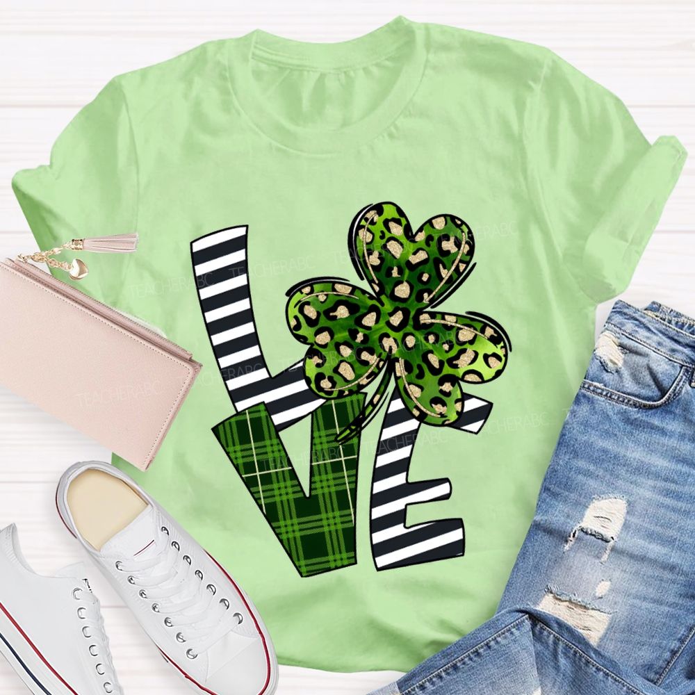 Love Leopard Clover And Striped Fonts Teacher T-shirt