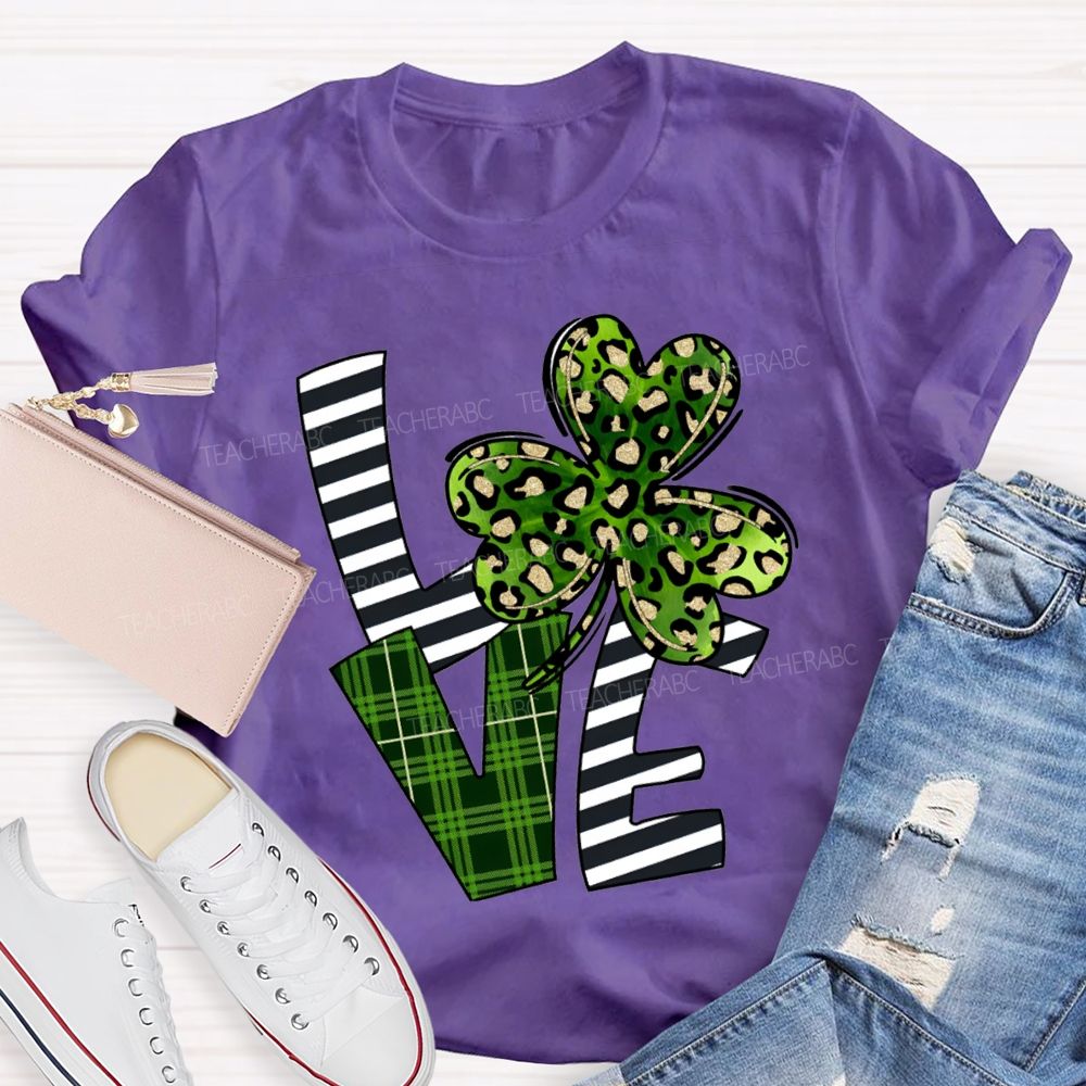 Love Leopard Clover And Striped Fonts Teacher T-shirt