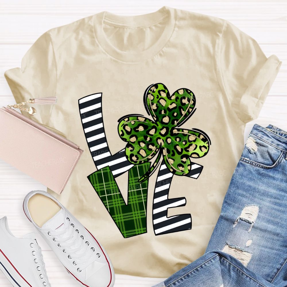 Love Leopard Clover And Striped Fonts Teacher T-shirt