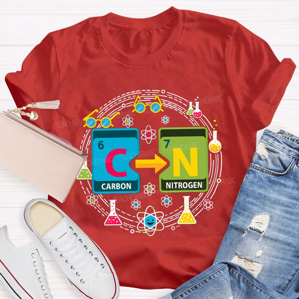 Carbon Nitrogen Science Teacher Glasses And Laboratory Flasks Teacher T-shirt