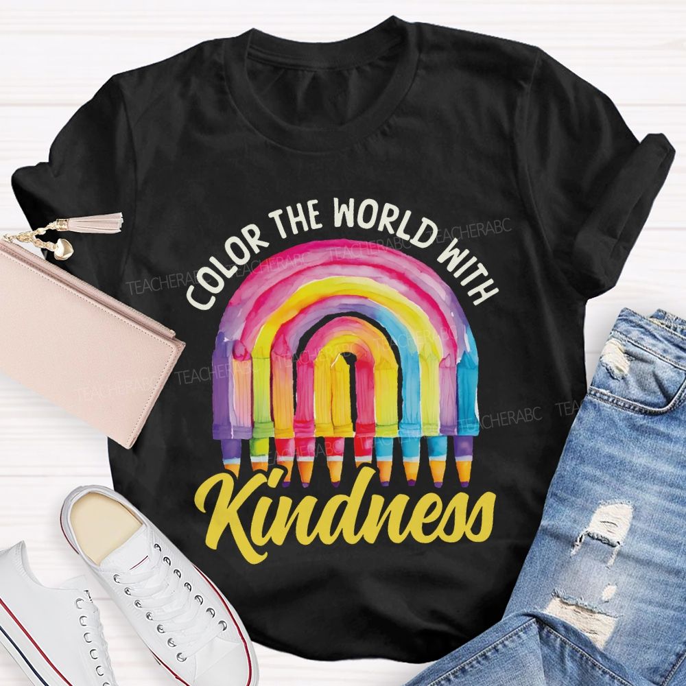 Color The World With Kindness Crayon Rainbow Art Teacher T-shirt