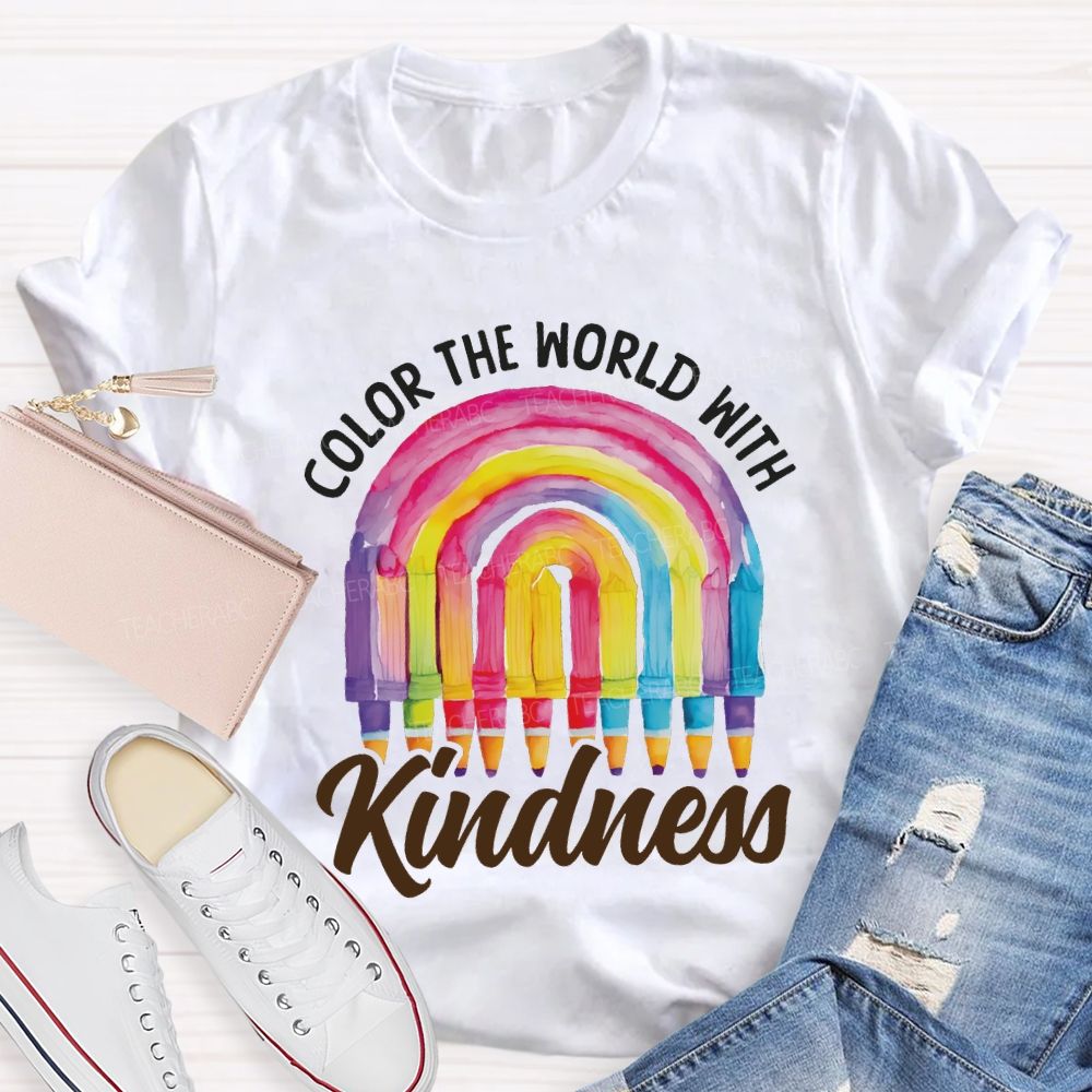 Color The World With Kindness Crayon Rainbow Art Teacher T-shirt
