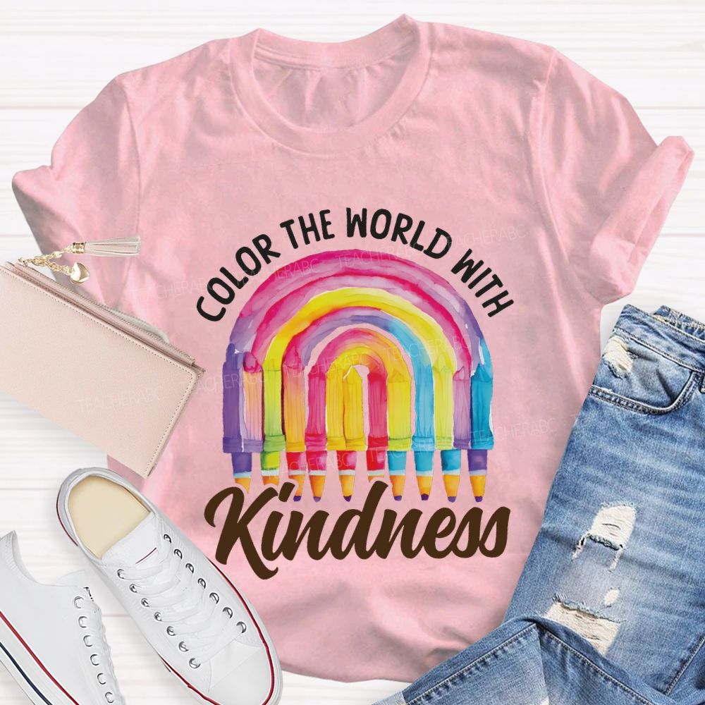 Color The World With Kindness Crayon Rainbow Art Teacher T-shirt