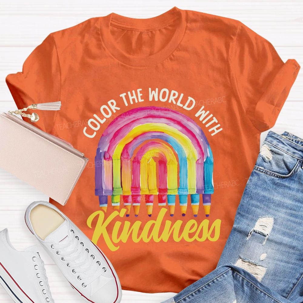 Color The World With Kindness Crayon Rainbow Art Teacher T-shirt