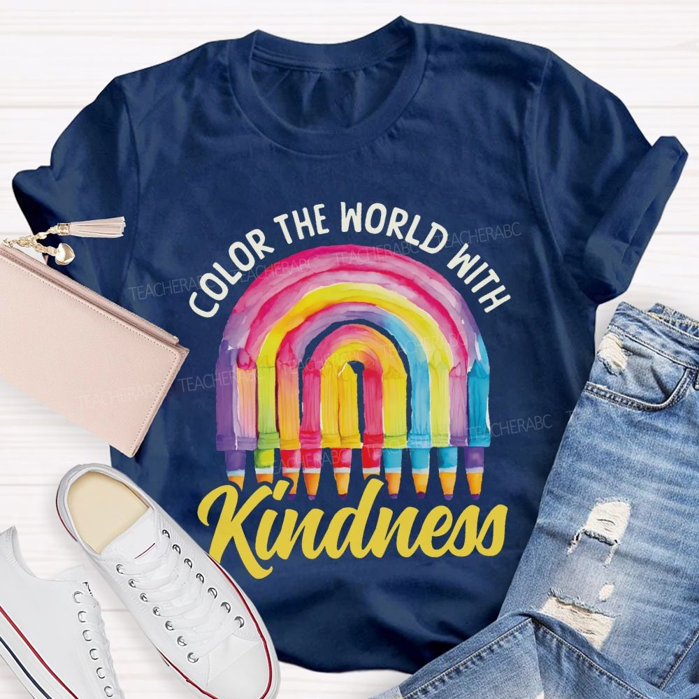Color The World With Kindness Crayon Rainbow Art Teacher T-shirt
