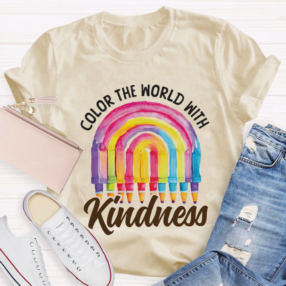 Color The World With Kindness Crayon Rainbow Art Teacher T-shirt