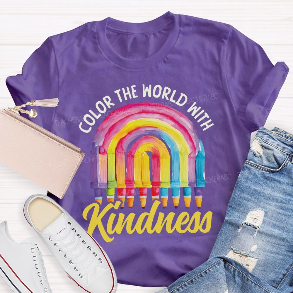 Color The World With Kindness Crayon Rainbow Art Teacher T-shirt