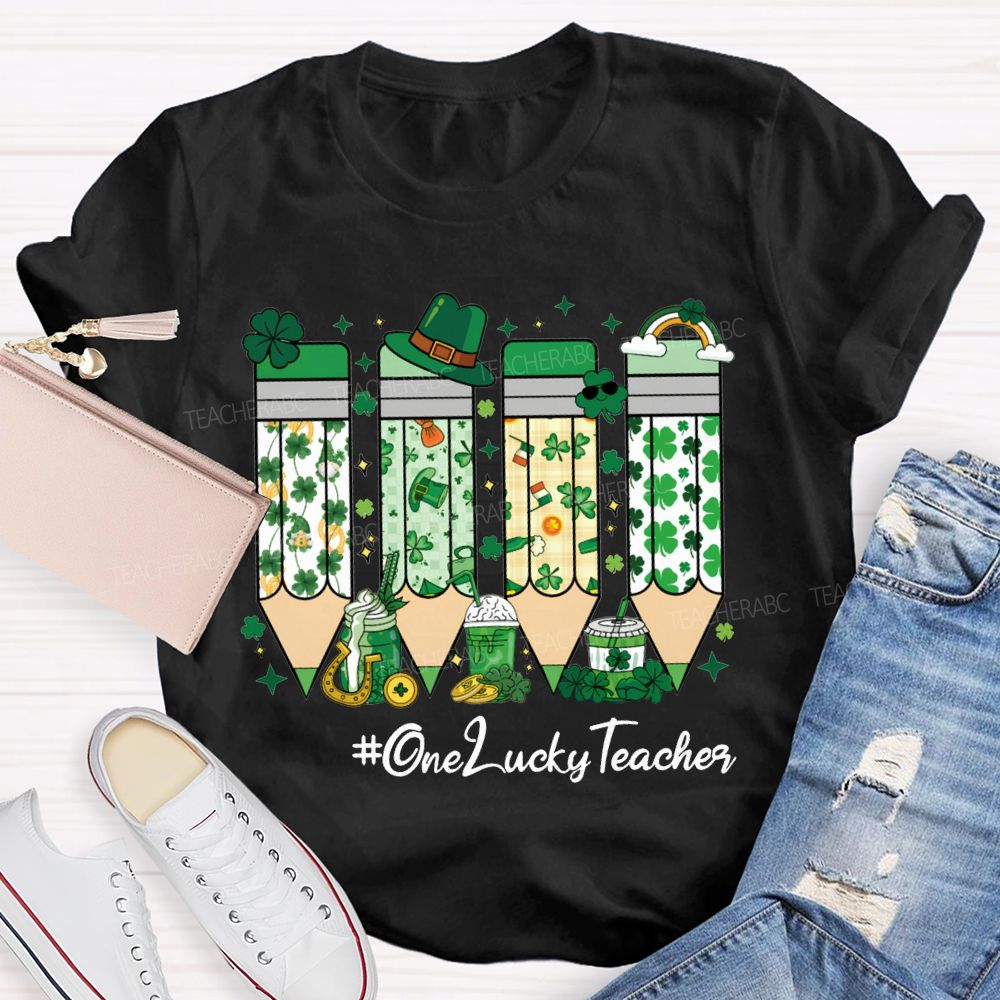 One Lucky Teacher Four-Leaf Clover Pencils And Beer-Themed Prints Teacher T-shirt
