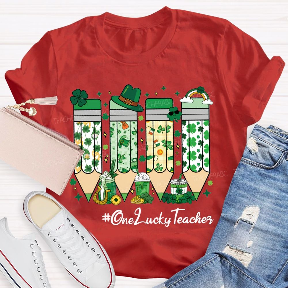 One Lucky Teacher Four-Leaf Clover Pencils And Beer-Themed Prints Teacher T-shirt