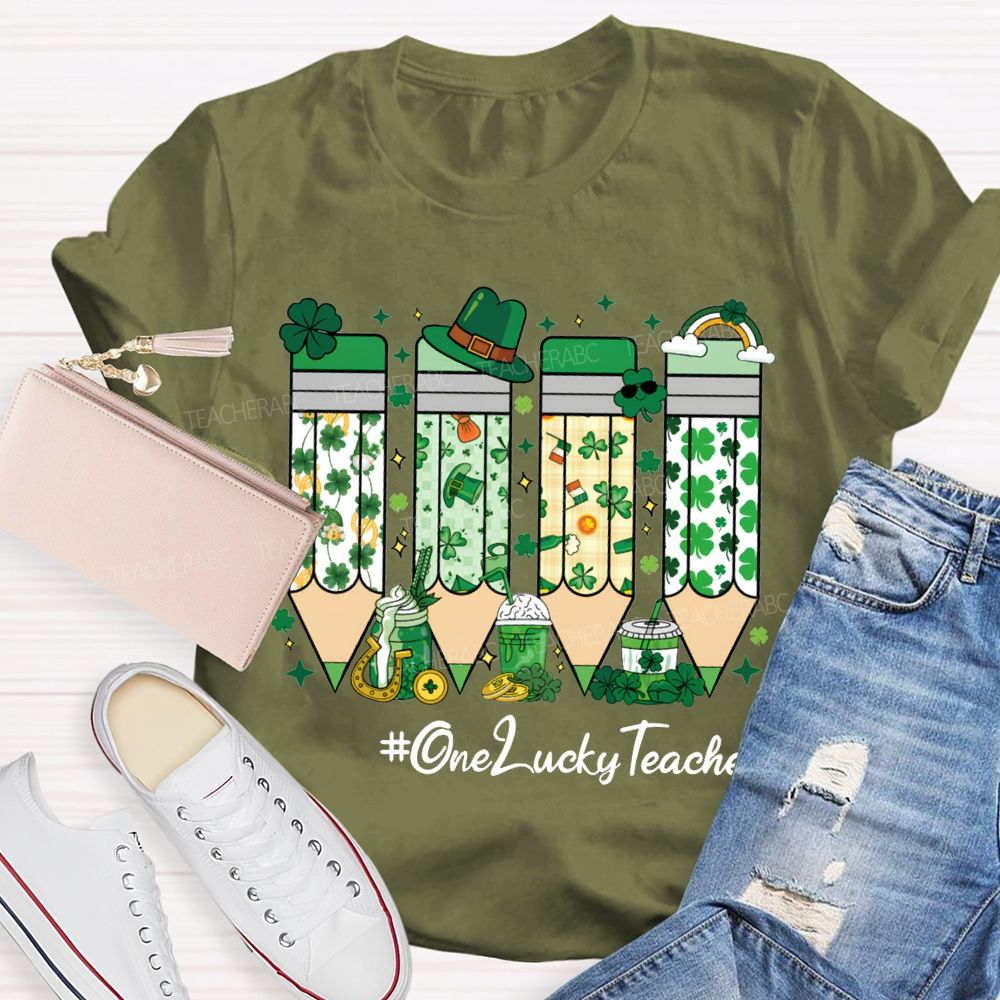 One Lucky Teacher Four-Leaf Clover Pencils And Beer-Themed Prints Teacher T-shirt