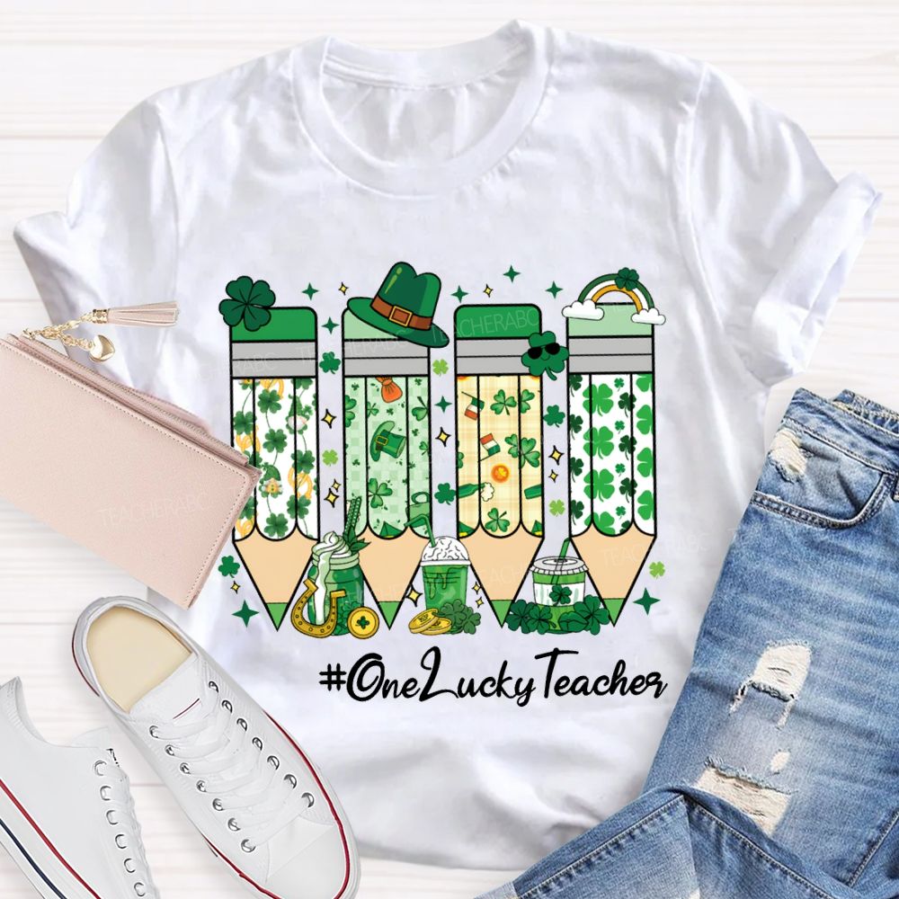 One Lucky Teacher Four-Leaf Clover Pencils And Beer-Themed Prints Teacher T-shirt