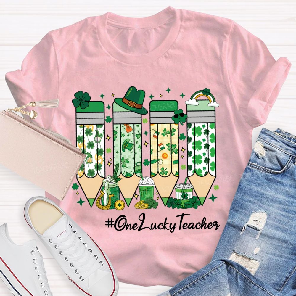 One Lucky Teacher Four-Leaf Clover Pencils And Beer-Themed Prints Teacher T-shirt