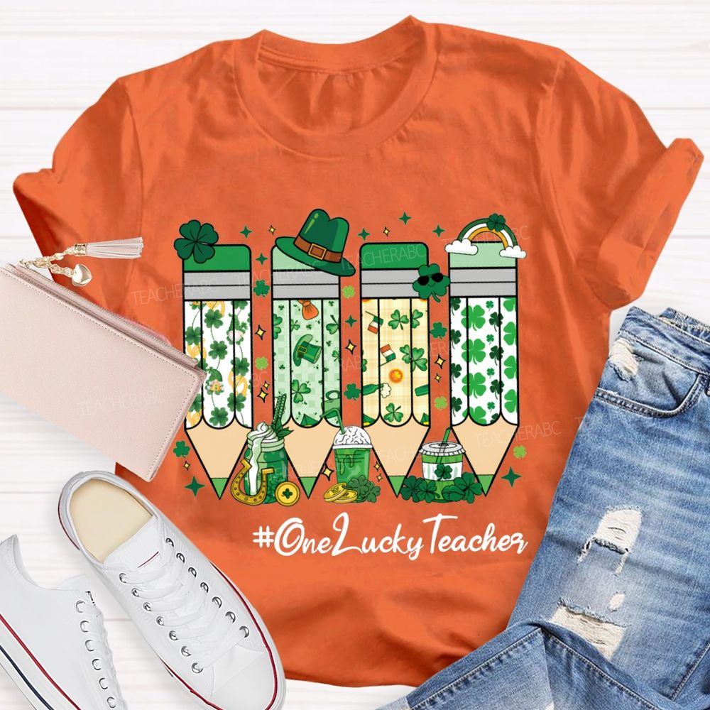 One Lucky Teacher Four-Leaf Clover Pencils And Beer-Themed Prints Teacher T-shirt