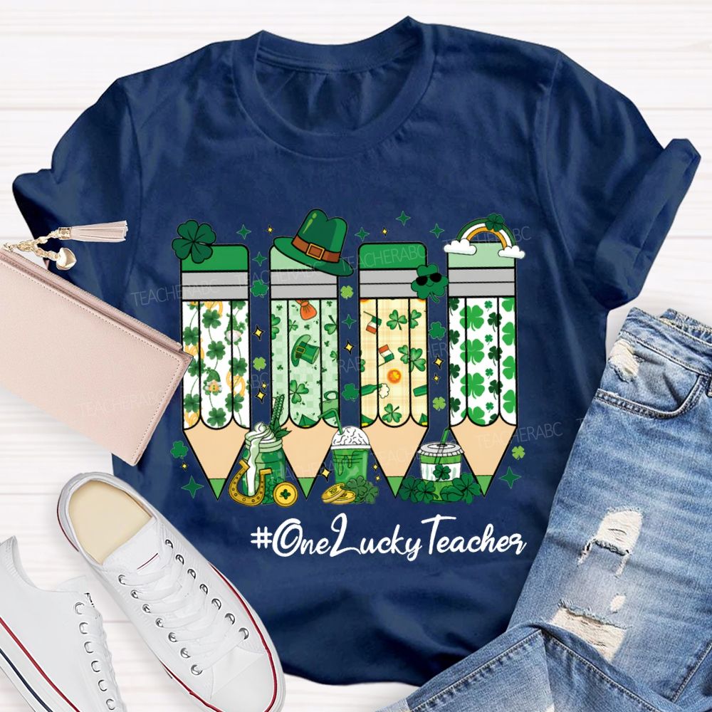 One Lucky Teacher Four-Leaf Clover Pencils And Beer-Themed Prints Teacher T-shirt