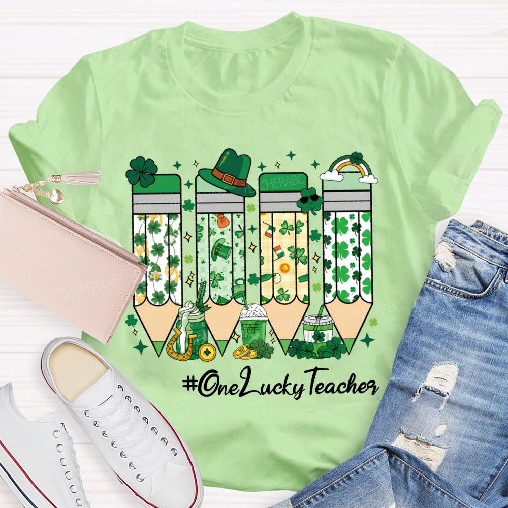 One Lucky Teacher Four-Leaf Clover Pencils And Beer-Themed Prints Teacher T-shirt