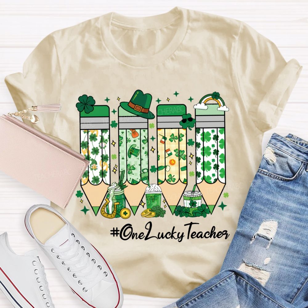 One Lucky Teacher Four-Leaf Clover Pencils And Beer-Themed Prints Teacher T-shirt