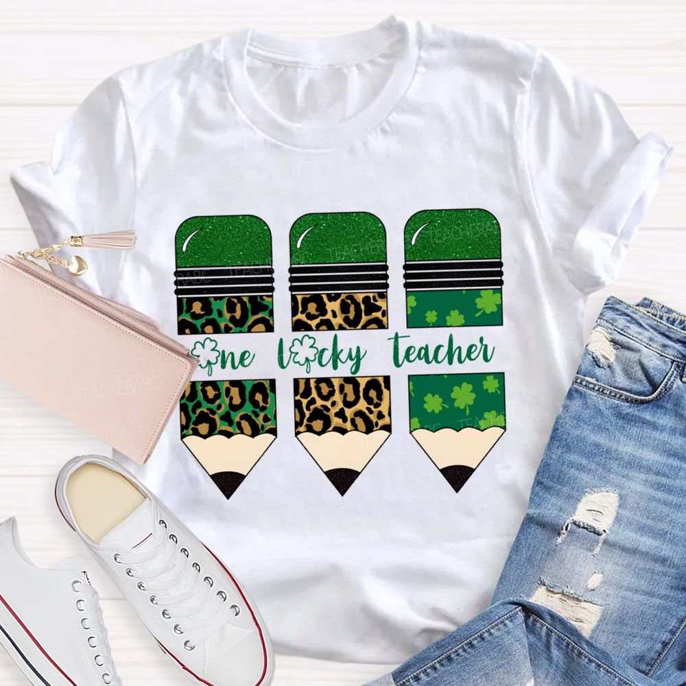 One Lucky Teacher Leopard Print Pencils And Four-Leaf Clover Pencils Teacher T-shirt