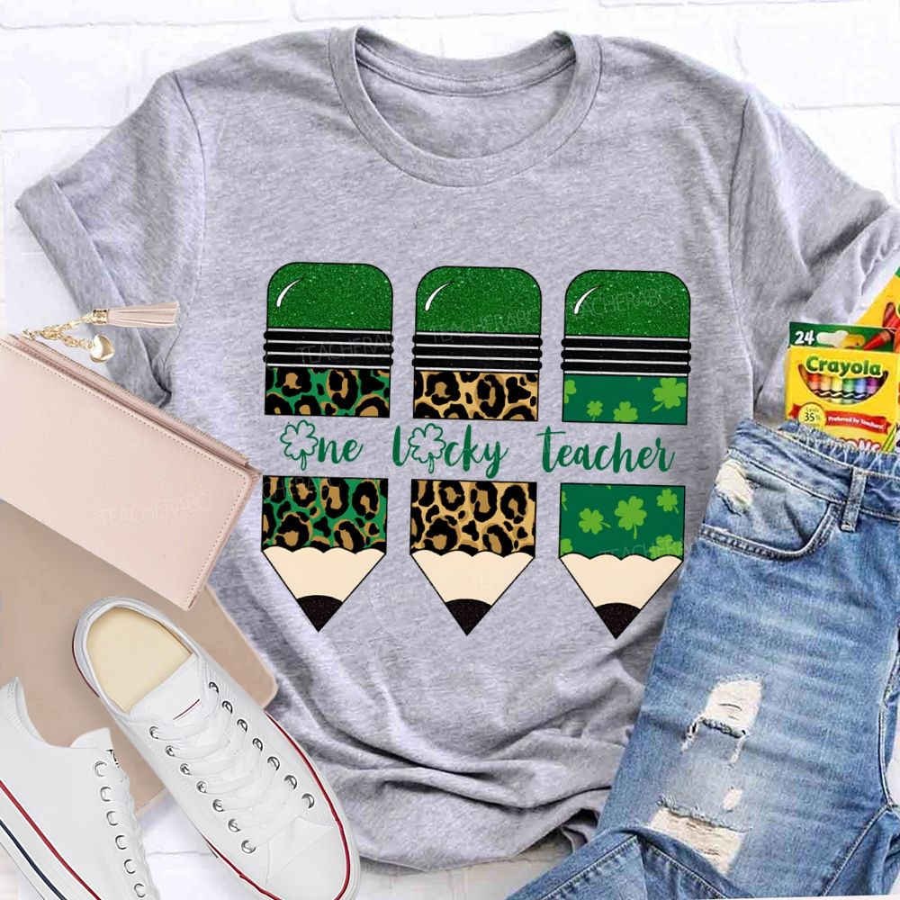 One Lucky Teacher Leopard Print Pencils And Four-Leaf Clover Pencils Teacher T-shirt