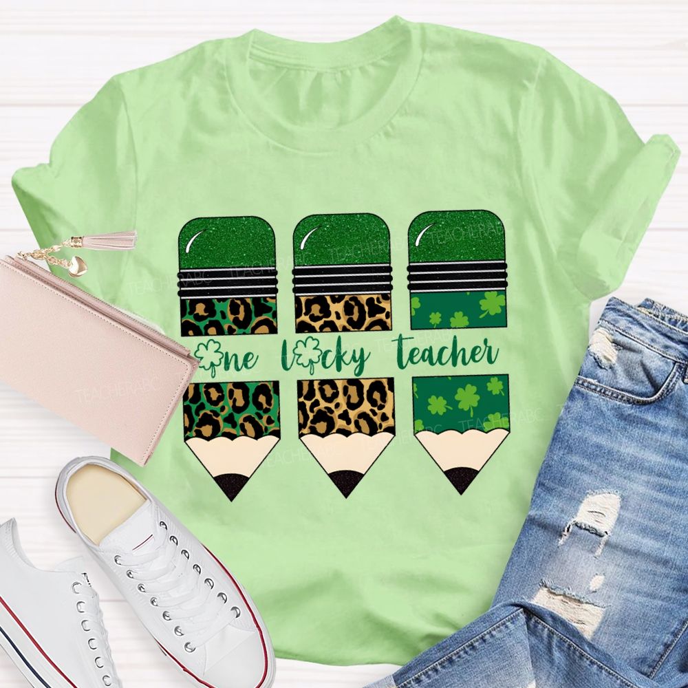 One Lucky Teacher Leopard Print Pencils And Four-Leaf Clover Pencils Teacher T-shirt