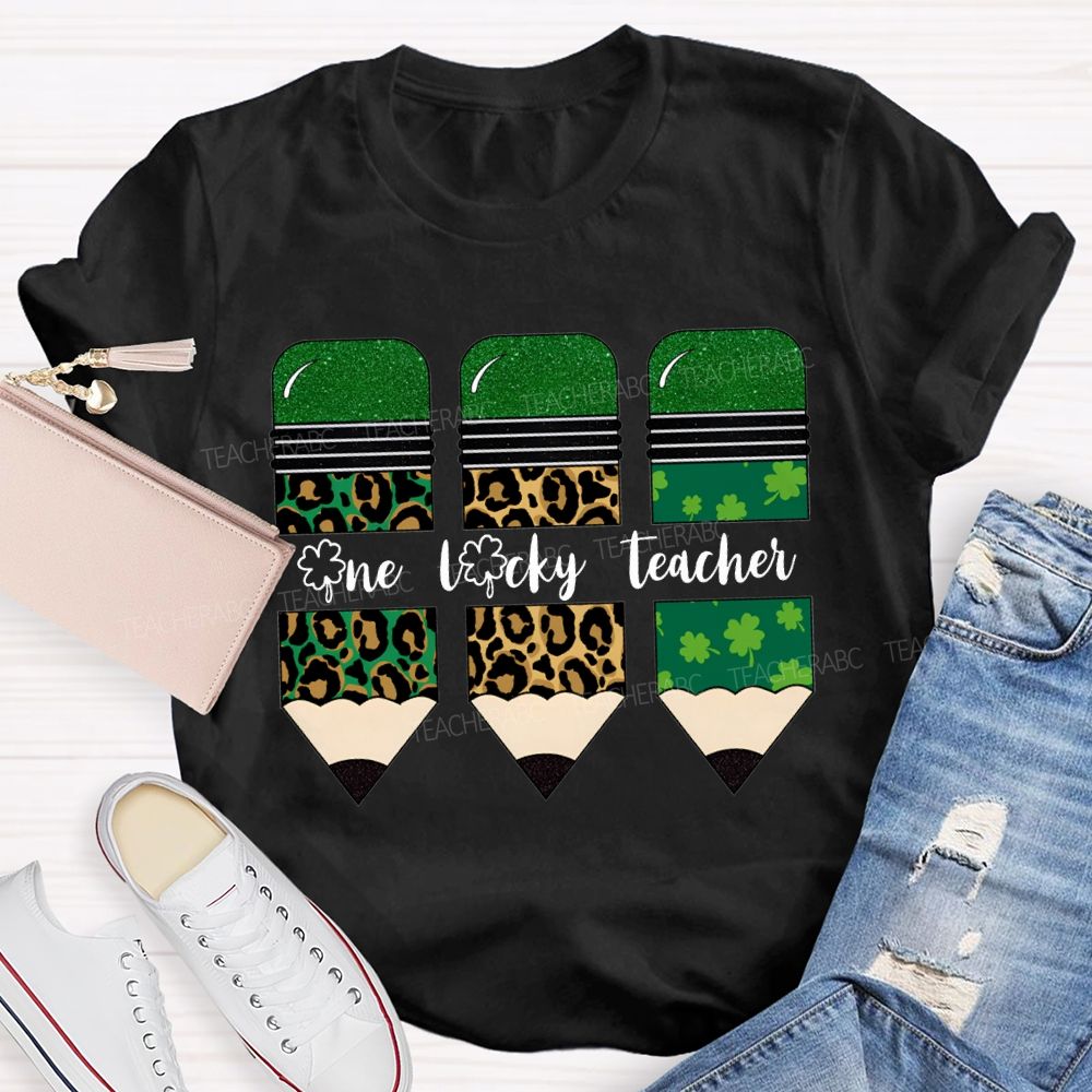 One Lucky Teacher Leopard Print Pencils And Four-Leaf Clover Pencils Teacher T-shirt