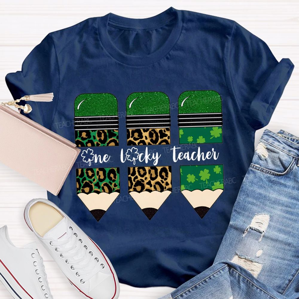 One Lucky Teacher Leopard Print Pencils And Four-Leaf Clover Pencils Teacher T-shirt