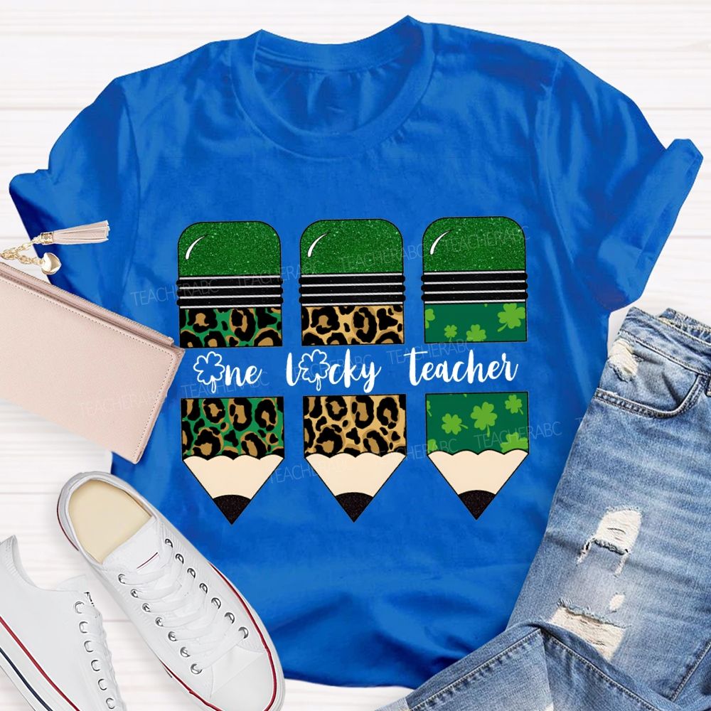 One Lucky Teacher Leopard Print Pencils And Four-Leaf Clover Pencils Teacher T-shirt
