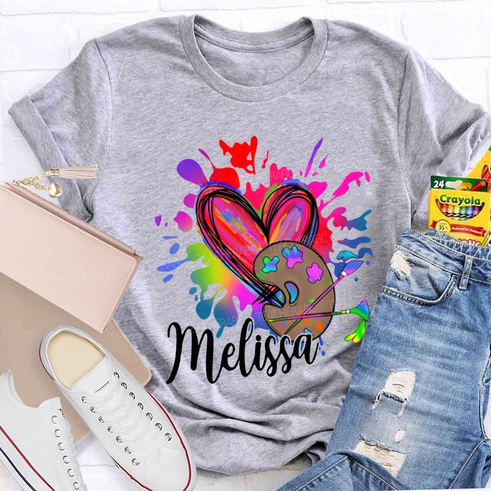 Personalized Name Colorful Tie-Dyed Hearts And Dyeing Trays Art Teacher T-shirt
